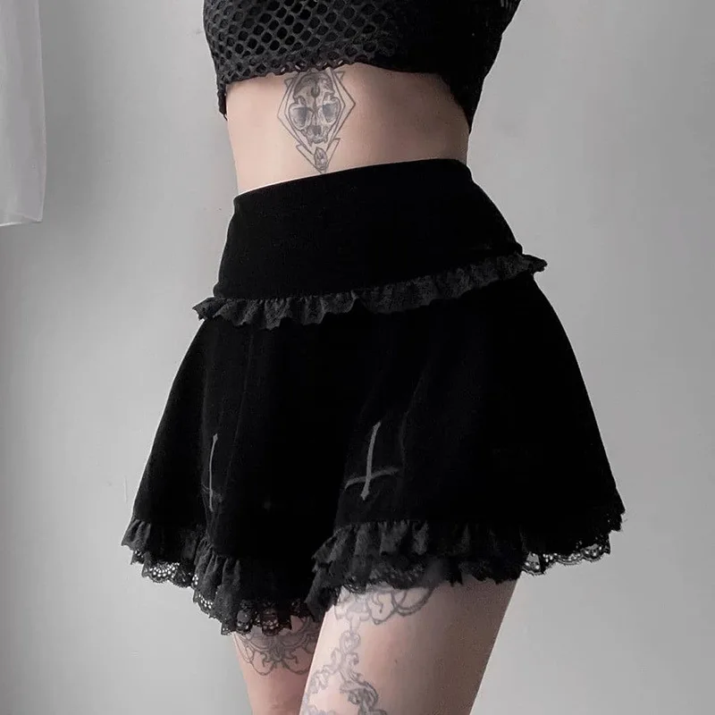 Y2k Skirt Dark Cross Embroidered Lace Suede Skirt Goth Dark Mall Gothic Women Vintage Harajuku High Waist Lace Skirt