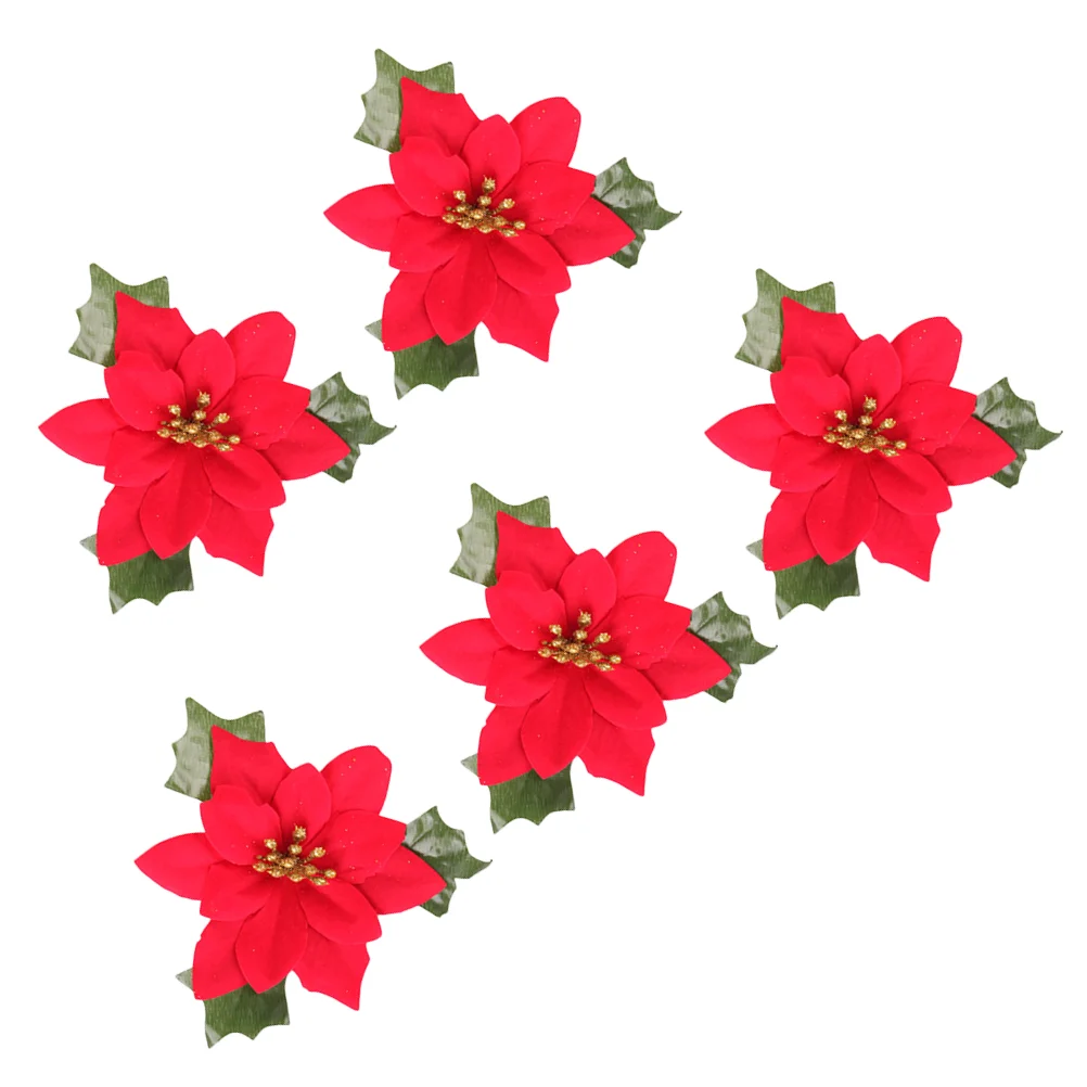 

5 Faux Poinsettia Flowers Artificial Poinsettia Flowers Wedding Bouquets Centerpieces Christmas Glitter Poinsettia