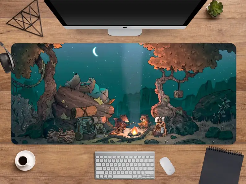 

Cute Forest Desk Mat, Kawaii Mousepad Lo-Fi Aesthetics, Lofi chill nature wallpaper, Bear and raccoon, xxl extended gaming mouse