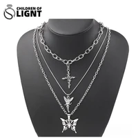 3pcsset three layer butterfly cross angel pendant necklace punk grunge jewelry charm metal chain for men women