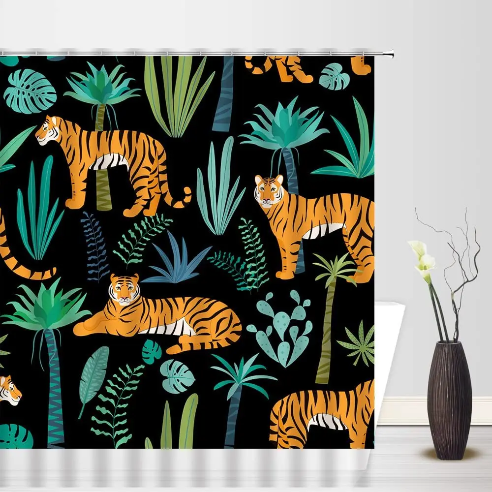 

Jungle Tiger Shower Curtains Wild Animals Leopard Big Cat Palm Leaves Plant Watercolor Asian Art Fabric Bathroom Home Decor Sets