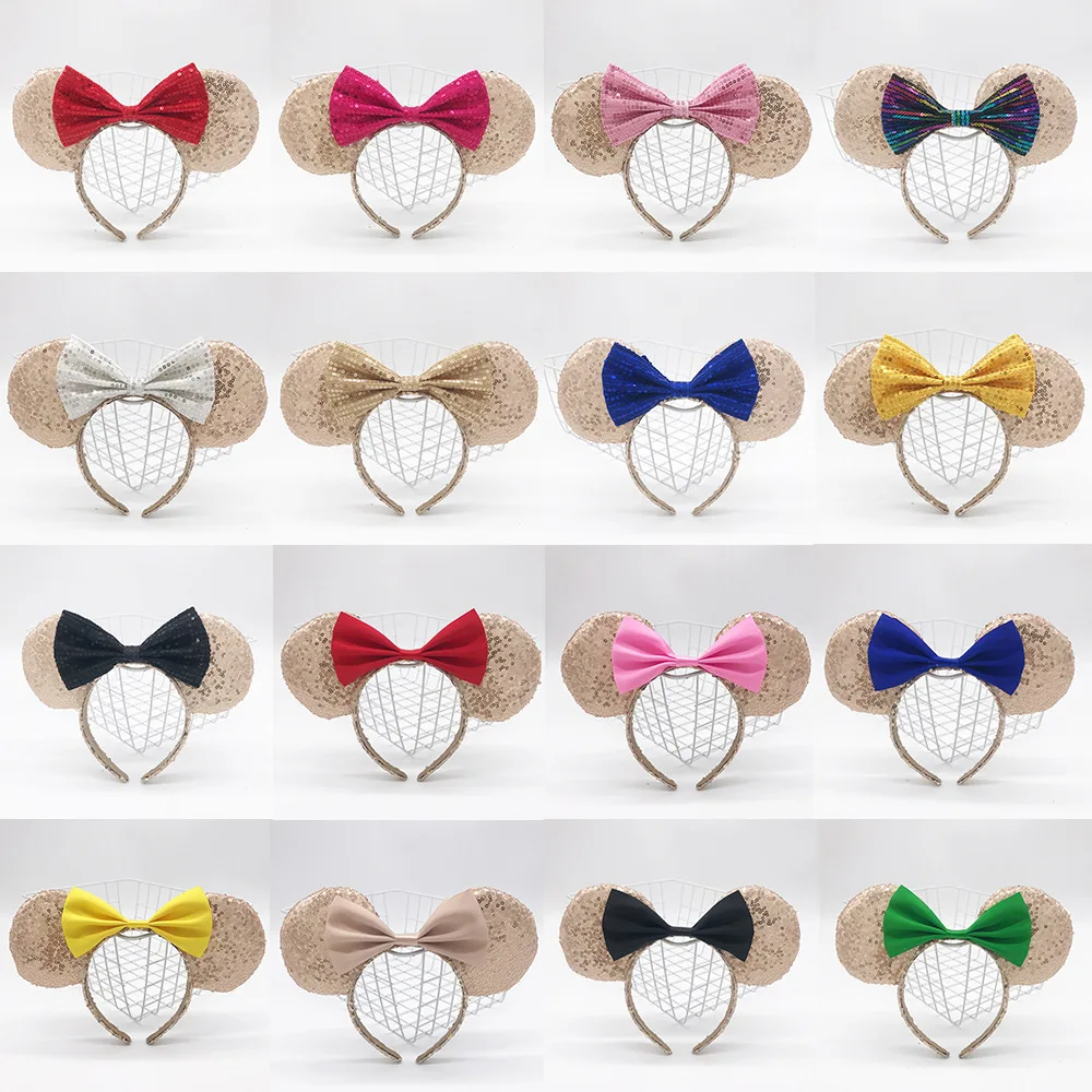 

5PCS Champagne Blonde Hair Hoop Mickey Ears Quality Sequin Bow Headband Kids Party Stage Dress Up Headwear
