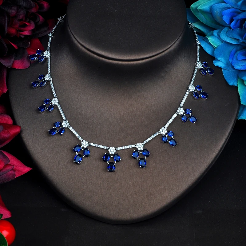 

Fashion Blue Flower Wedding Jewelry sets For Women Party Dresses Accessories Necklace Earings Set Cubic Zirconia Jewelry N-556