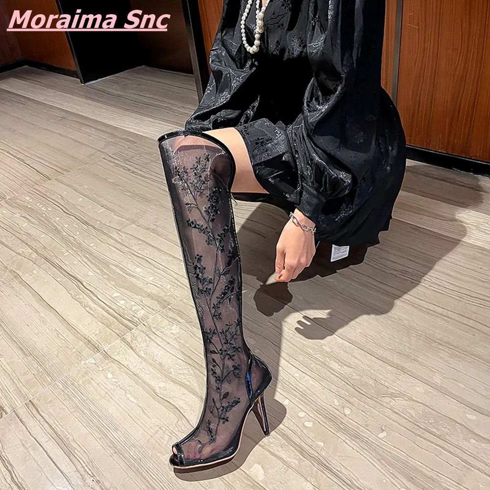 Summer Fashion Women Shoes Peep Toe Thin High Heel Solid Embroidery Knee-High Comfortable Back Zipper Casual Shoes Party Hottest