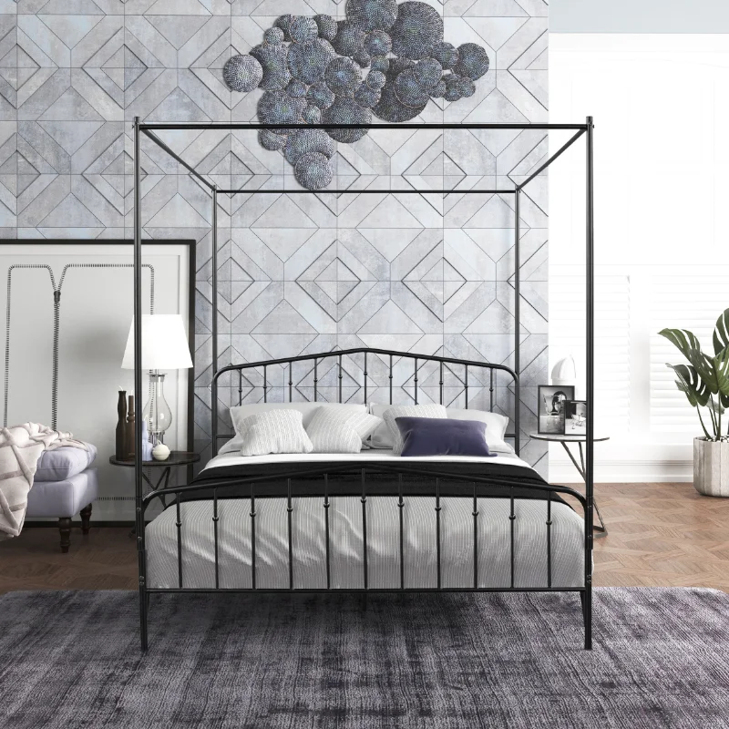 

[Flash Deal]Detachable Queen Anti-Noise Metal Canopy Bed Vintage Design Fast Assembly Solid Construction Stability[US Stock]