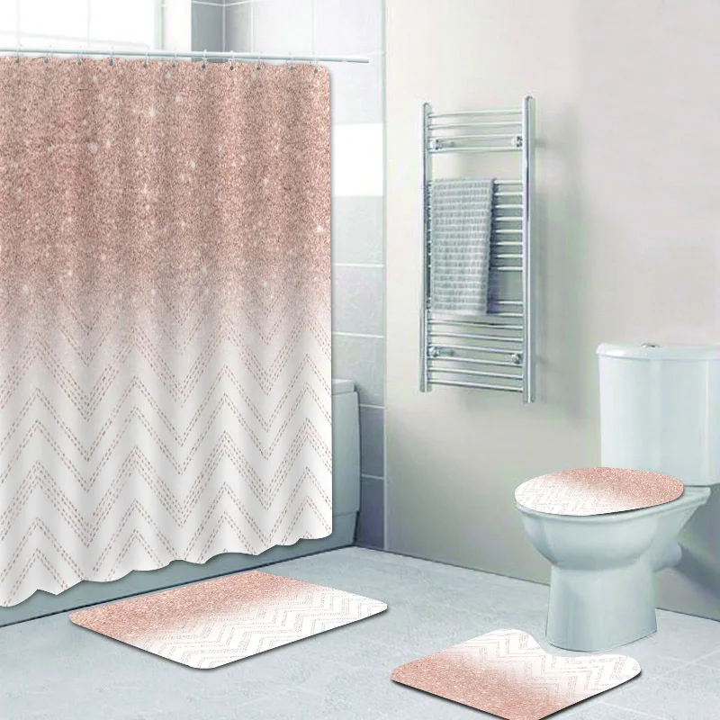 

Chic Teal Rose Gold Glitter Chevron Zigzag Geometric Bathroom Curtain Set Sparkles Marble Ombre Shower Curtain Bath Rugs Toilet