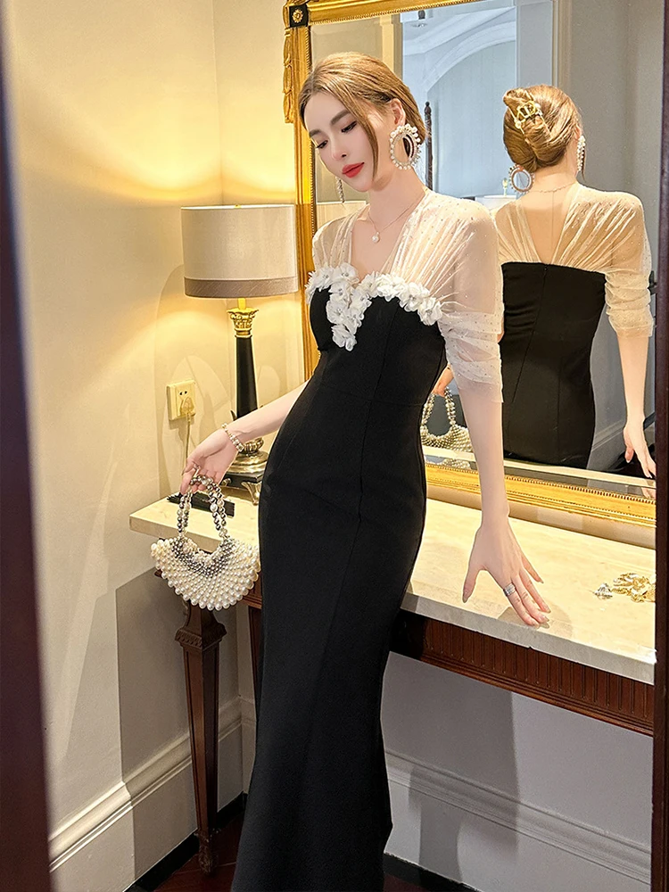 Новое летнее Сетчатое Прозрачное Черное вечернее платье женская одежда