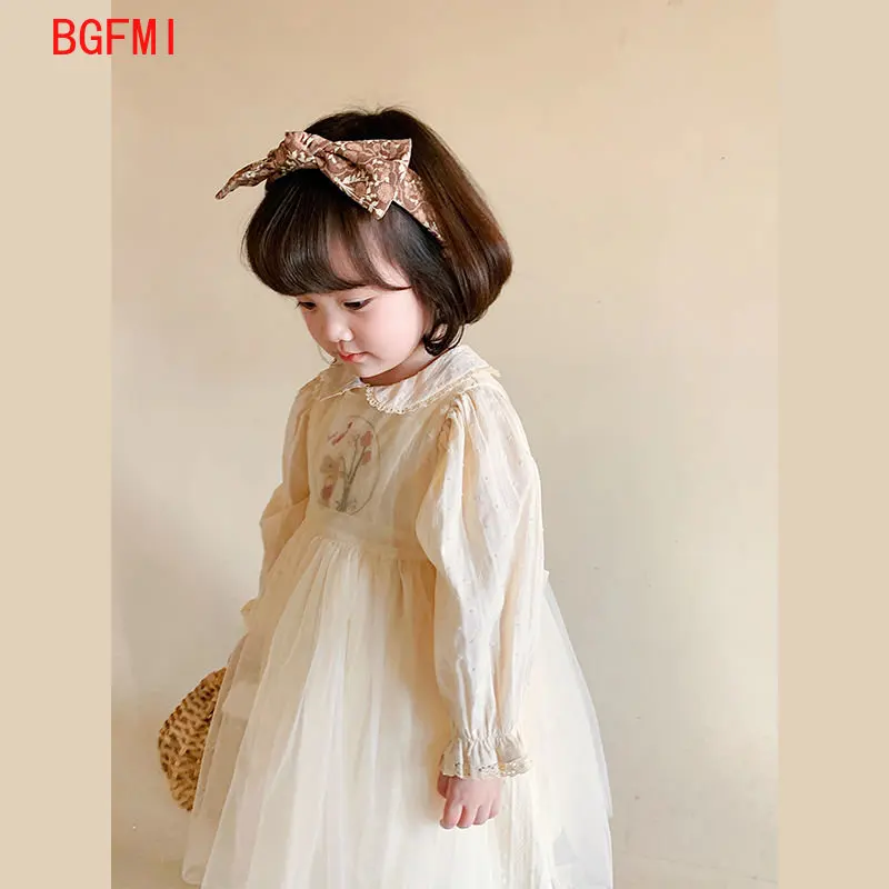

Baby Girl Summer Clothes Spring Autumn Cream Color Kids infant Dress Children Doll Collar Embroidered Yarn Princess Dress 1-9Y