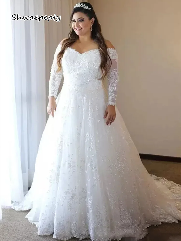 

Long Sleeves Lace Wedding Dress Plus Size Bride Gown Appliques Sweetheart Neck Sheer Back Chapel Garden Vestido De Novia 2023