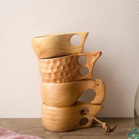 finland kuksa portable coffee mug rubber wood handle two hole cowhide rope hook juice milk tea coffee drinking cup drinkware