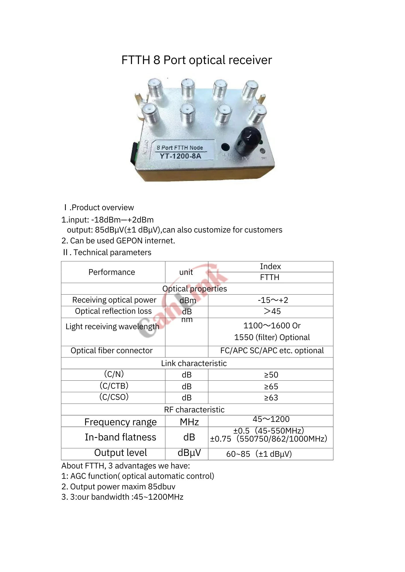 Узел FTTH CATV 8-портовый оптический приемник Высокоуровневый оптоволоконный