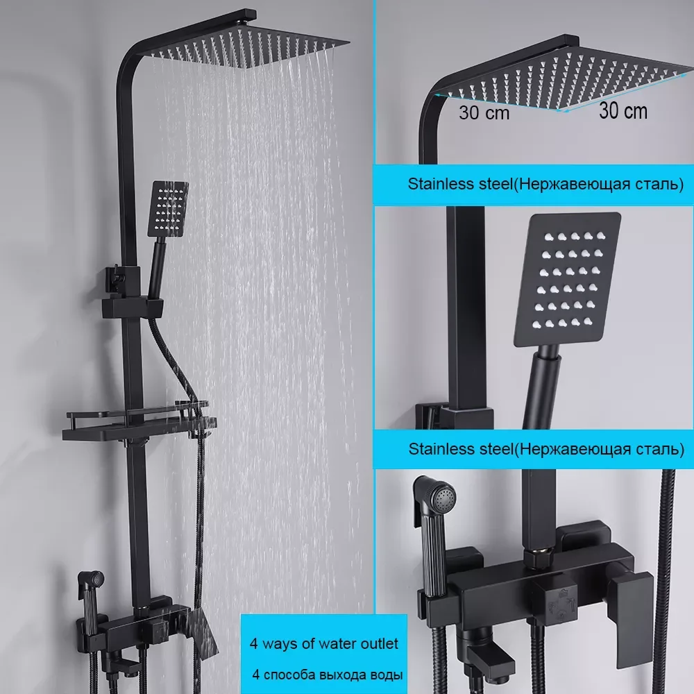 

Matte Black Shower Faucet Set Rainfall High Quality All Metal Bathtub Mixer Tap 4-way With Bidet Stainless Steel