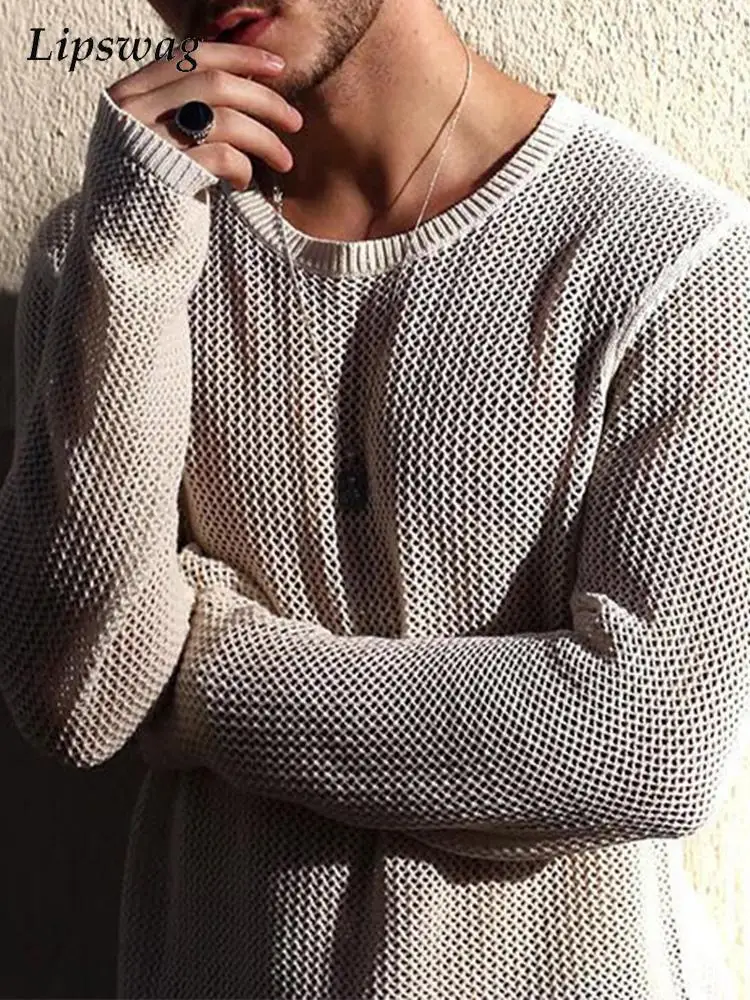 

Модные вязаные топы с вырезами, мужской свитер, весенний однотонный пуловер с длинным рукавом, повседневная мужская одежда, Свободный джемп...