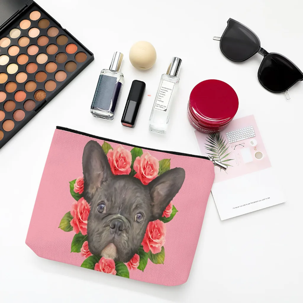 

Pink Linen Women Cosmetic Bag French Bulldog Pet Makeup Pouch Lady Tote Purse Travel Organizer Case