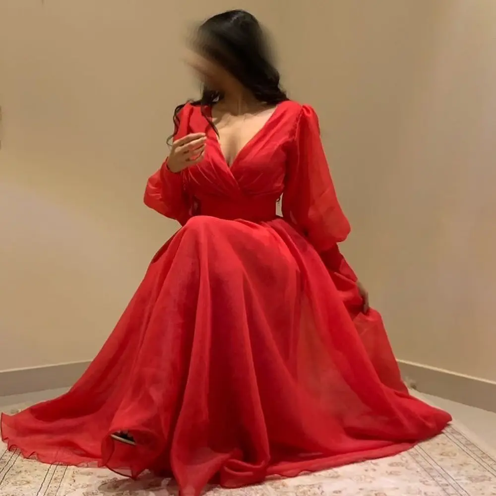 

CERMAE V-Neck Formal Backless Evening Gown Prom Puffy Sleeves Organza Red A-Line Simple Party Bridesmaid Dresses for Women 2023