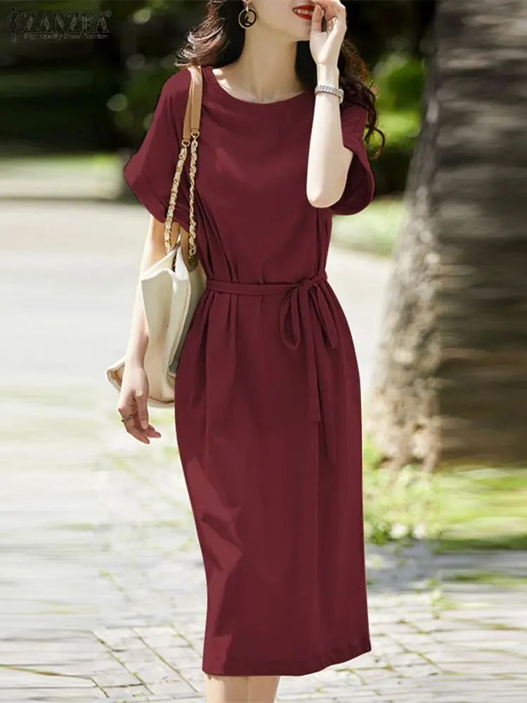 

Summer Elegant Short Sleeve Solid Sundress ZANZEA Fashion Women OL Work Midi Dress Office Lady Casual Loose Vestido Robe Femme