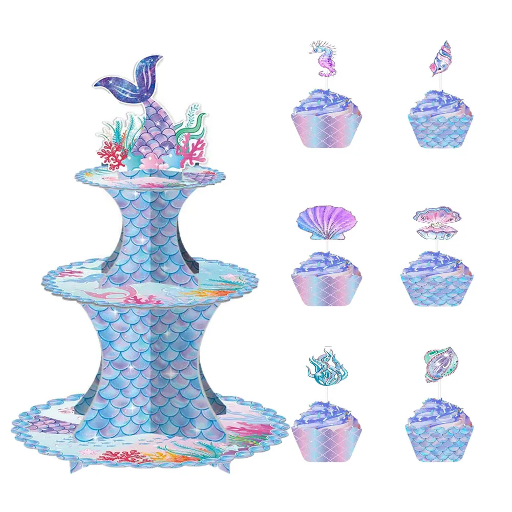 

Mermaid Cupcake Shelf Birthday Party Decoration Children Girls 3 Layers Dessert Tower Round Tray Bracket Baby Shower Party Suppl