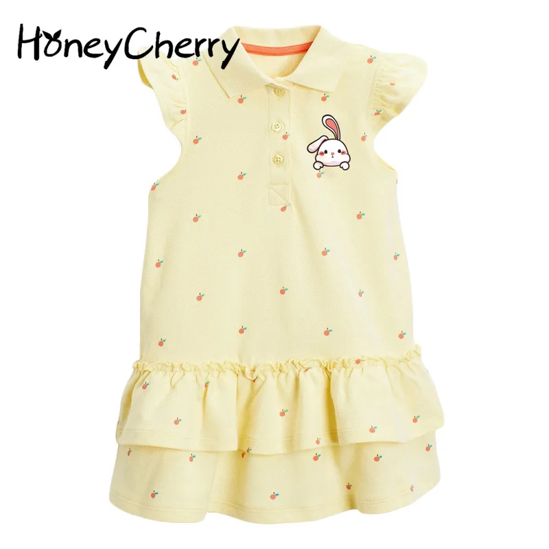 

HoneyCherry Girls summer new sleeveless polo collar dress girls casual print dress flower girl dresses kids clothes