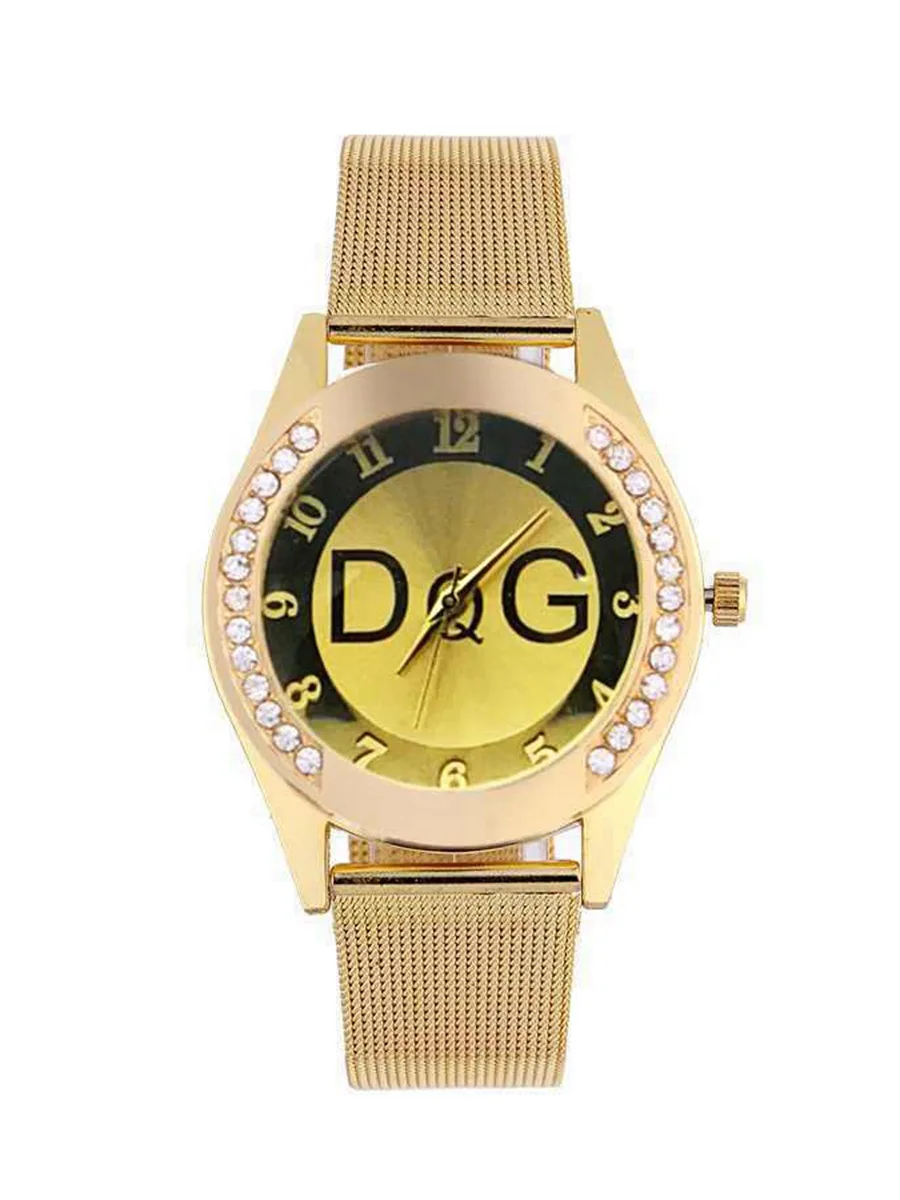 

Fashion Luxury DQG Brand Watch For Women Gold Alloy Double Row Diamond Digital Men Quartz Watches Waterproof Montre Femme Clock