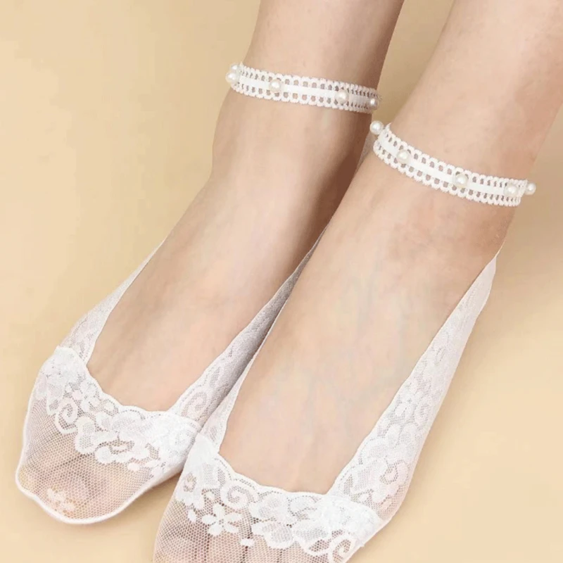 

Pearl Lace Socks Thin Women Summer Socks Lace Boat Spring Ankle Stocking Breathable Sweet Sexy Deep Non-slip Stocking
