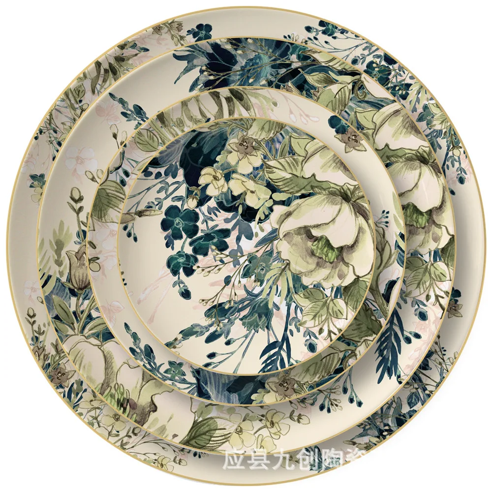 

Chinese Style Creative Retro Flower Plate Western Pasta Family Dishes Set Restaurant Dining Table Set