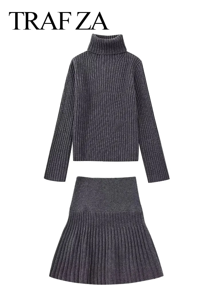 

TRAF ZA Women's Fashion Sweater Suit Vintage High Collar Simple Gray Pullover + Slim Knitt Mini Skirts Autumn Female Clothing