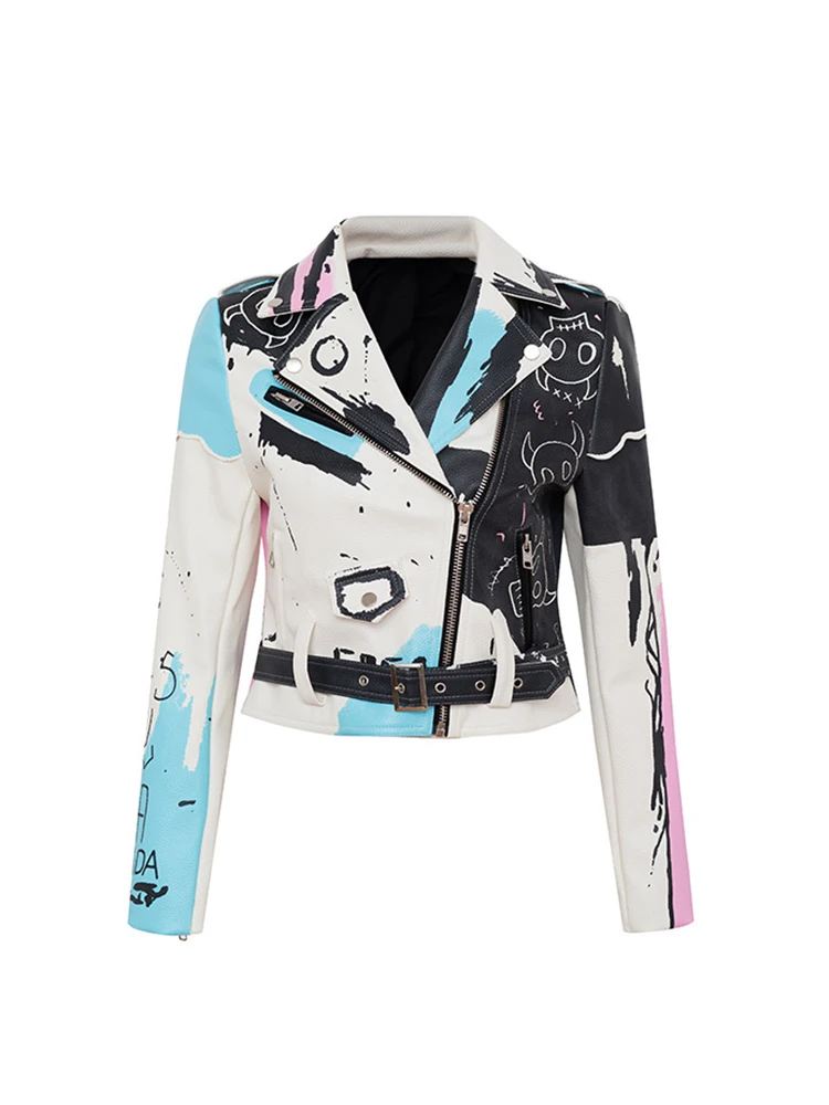 Punk Cropped Faux Leather Women Jacket 2023 Trend Fashion Streetwear Graffiti Printed Motorcycle Leather Jacket Ladies Outerwear