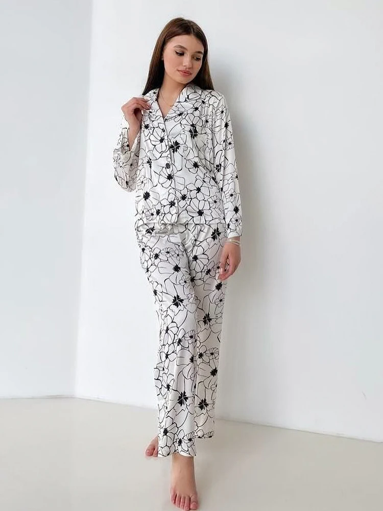 

Hiloc Flowers Print Elegant Women's Sets Long Sleeve Lapel Loose Pajamas For Women Single-Breasted High Waist Sleepwear Autumn