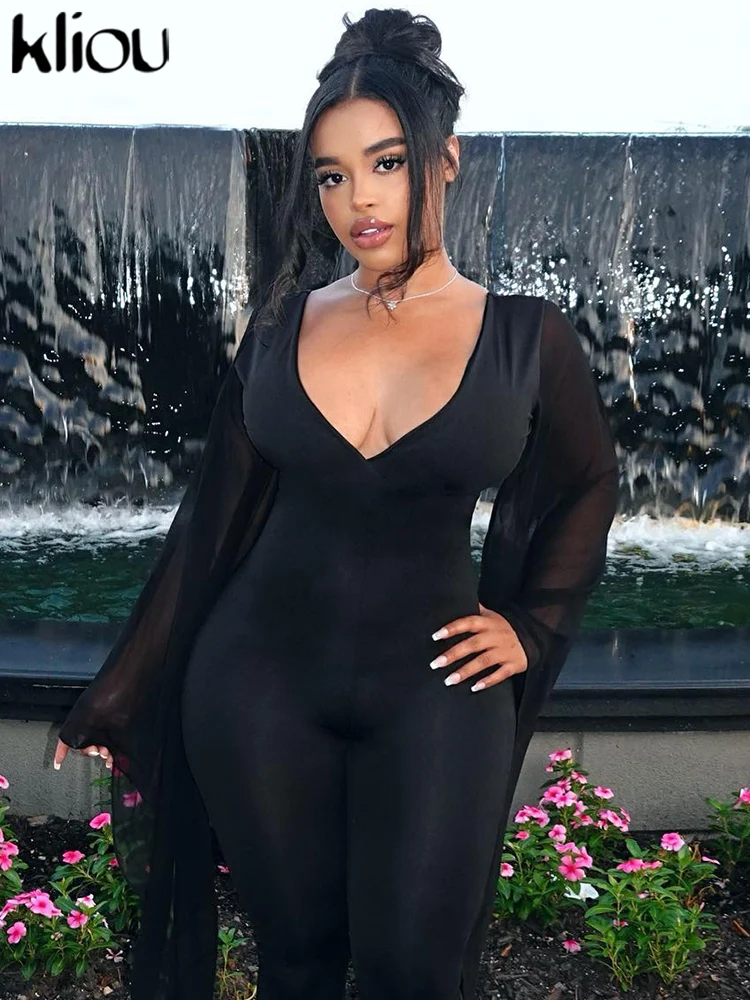 Женский сетчатый комбинезон длиной до щиколотки с V-образным вырезом