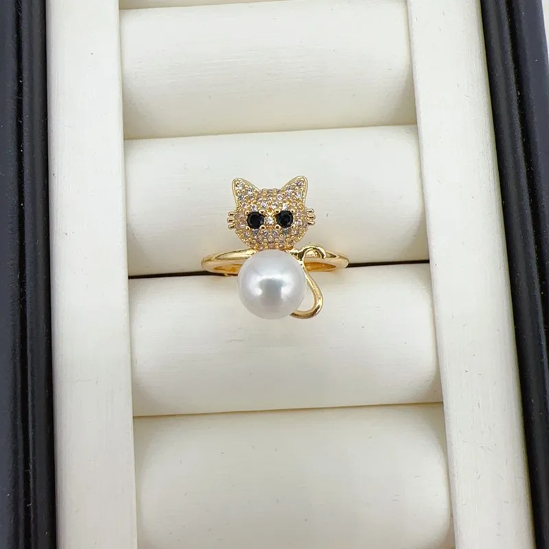 

New Arrival 100% Real Natural Pearl Ring Fashion Cute kitten Design 14K Gold Filled Female Girl Ring Jewelry For Woman