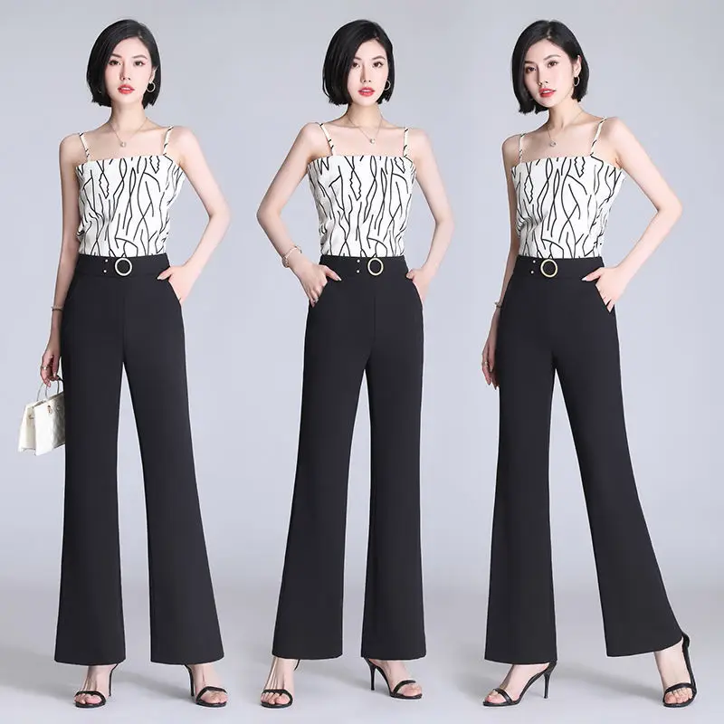 Spring Summer Thin Suit Flare Pants Office Lady High Waist Elastic Ice Silk Loose Wide Leg Straight Women Casual Long Trousers