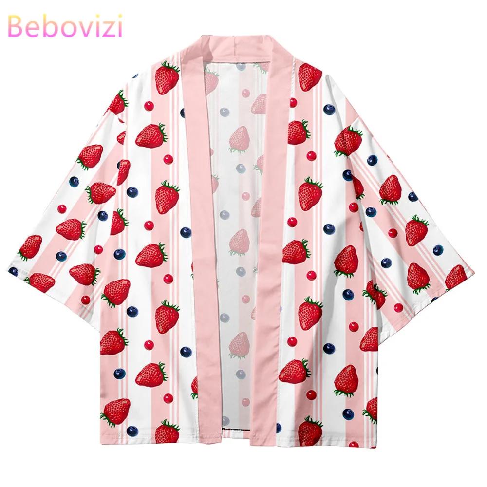 

Big Size XXS-6XL Pink Pineapple Strawberry Print Japanese Cardigan Women Men Haori Kimono Top Yukata Robe