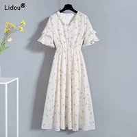 dresses v neck mid calf casual floral empire chiffon pullover womens clothing summer short sleeve butterfly sleeve comfortable