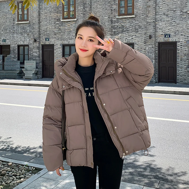 Stand Collar Solid Color Drawstring Jacket Women's Zipper Loose Cotton Coat Autumn Winter Ladies Warm Hooded Parka Coat Women