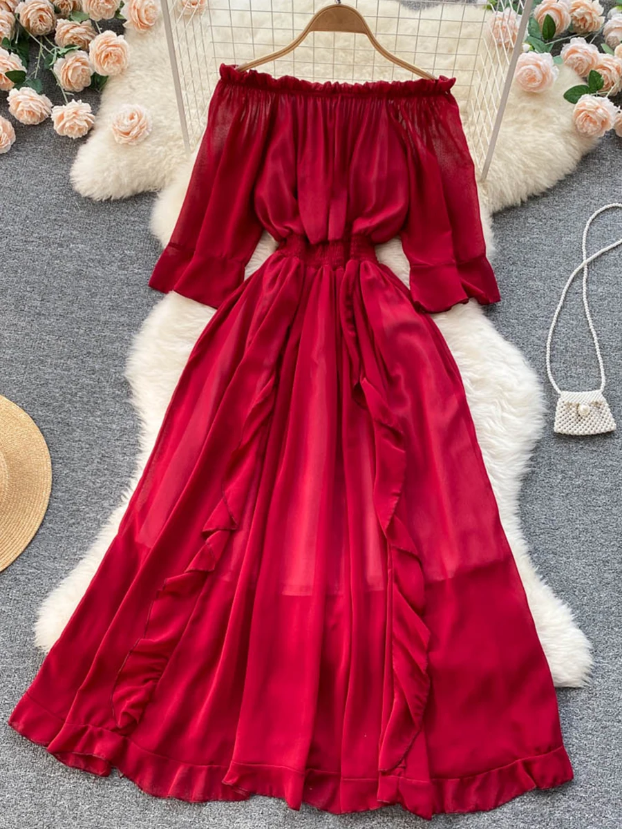 

Женское свободное платье средней длины, красное/зеленое/синее пляжное платье с вырезом лодочкой и оборками, свободное платье для отпуска, в...