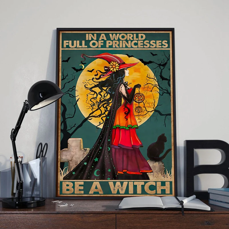

Room Decor Decorative Canvas Painting Poster Halloween Witch Under The Moon Pumpkin Ghost Background Art Wall Decoration