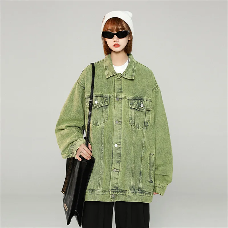 

Vintage Women Washed Green Denim Jacket Spring Autumn Casual Cowboy Outerwear Loose Lapel Long Sleeve Jean Jacket Chaqueta Mujer