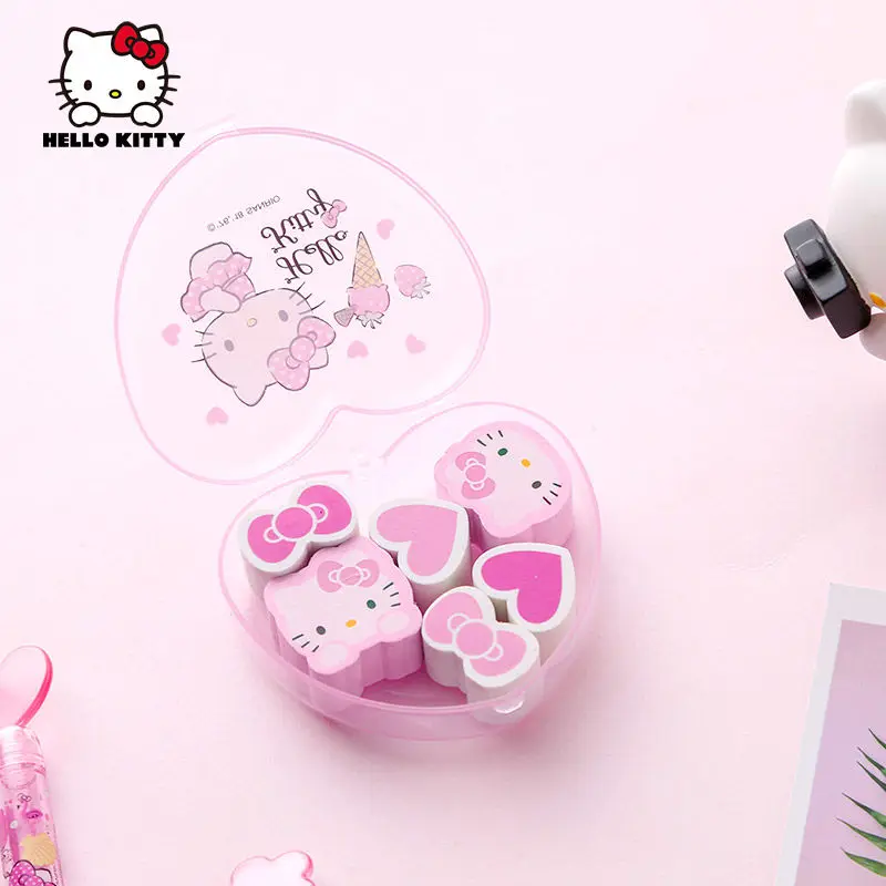 

6 Pcs Stationery Hello Kitty kawaii Heart-Shaped Eraser Primary School Student HB Erasers Creative Cartoon escolares for girls