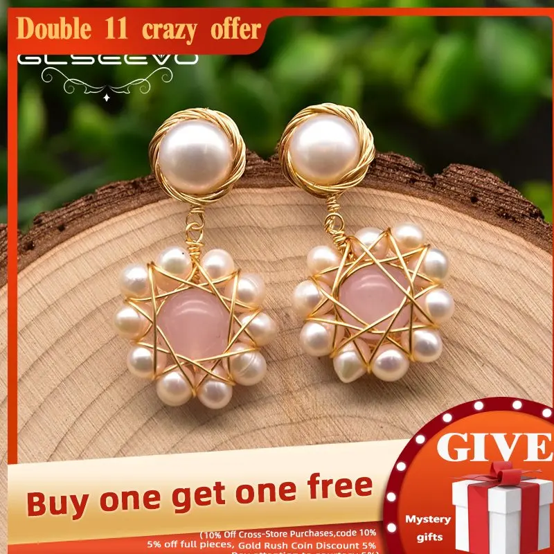 

GLSEEVO New Arrival Natural Freshwater Pearl Drop Earrings For Women 925 Silver Fashion Pink Crystal Jewelry Wholesale GE0911A