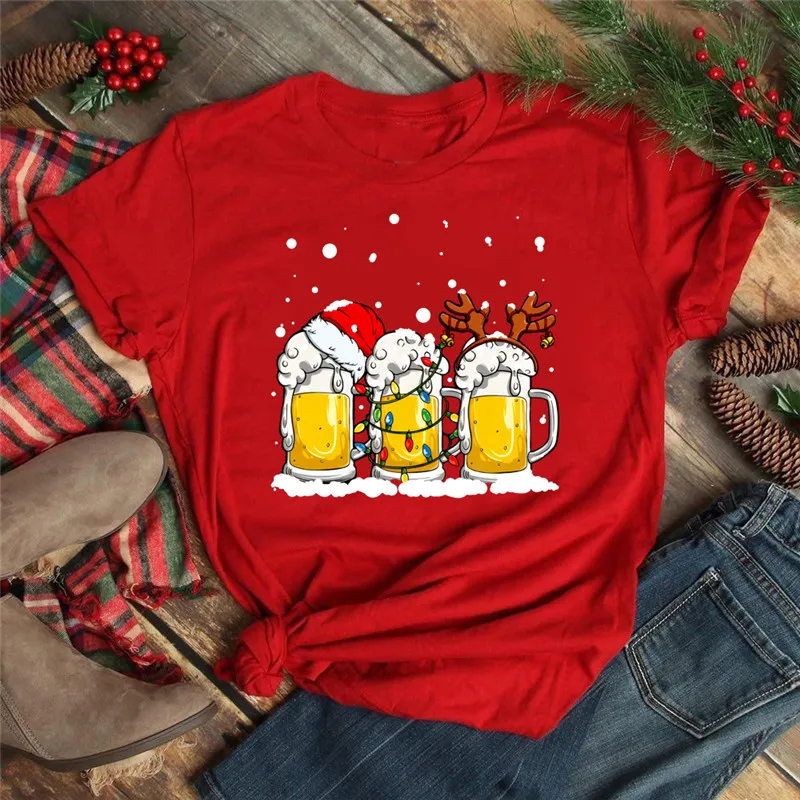 

Women Christmas Wine Glass T Shirt Cute Holiday Winter New Year Tshirt Top Happy Merry Christmas Cartoon 90s Clothe Tee