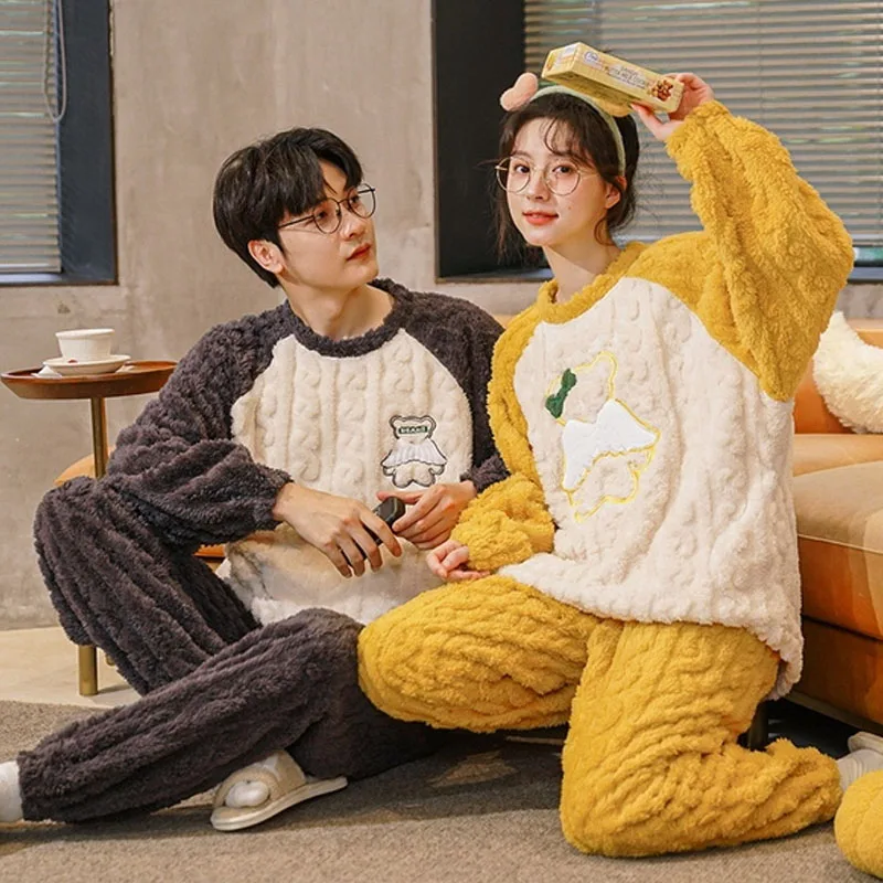 QUHENG Winter Femme Pajamas for Women Autumn Long Sleeved Trousers Thick Warm Sleepwear Cotton Couple Casual Home Men  Clothing