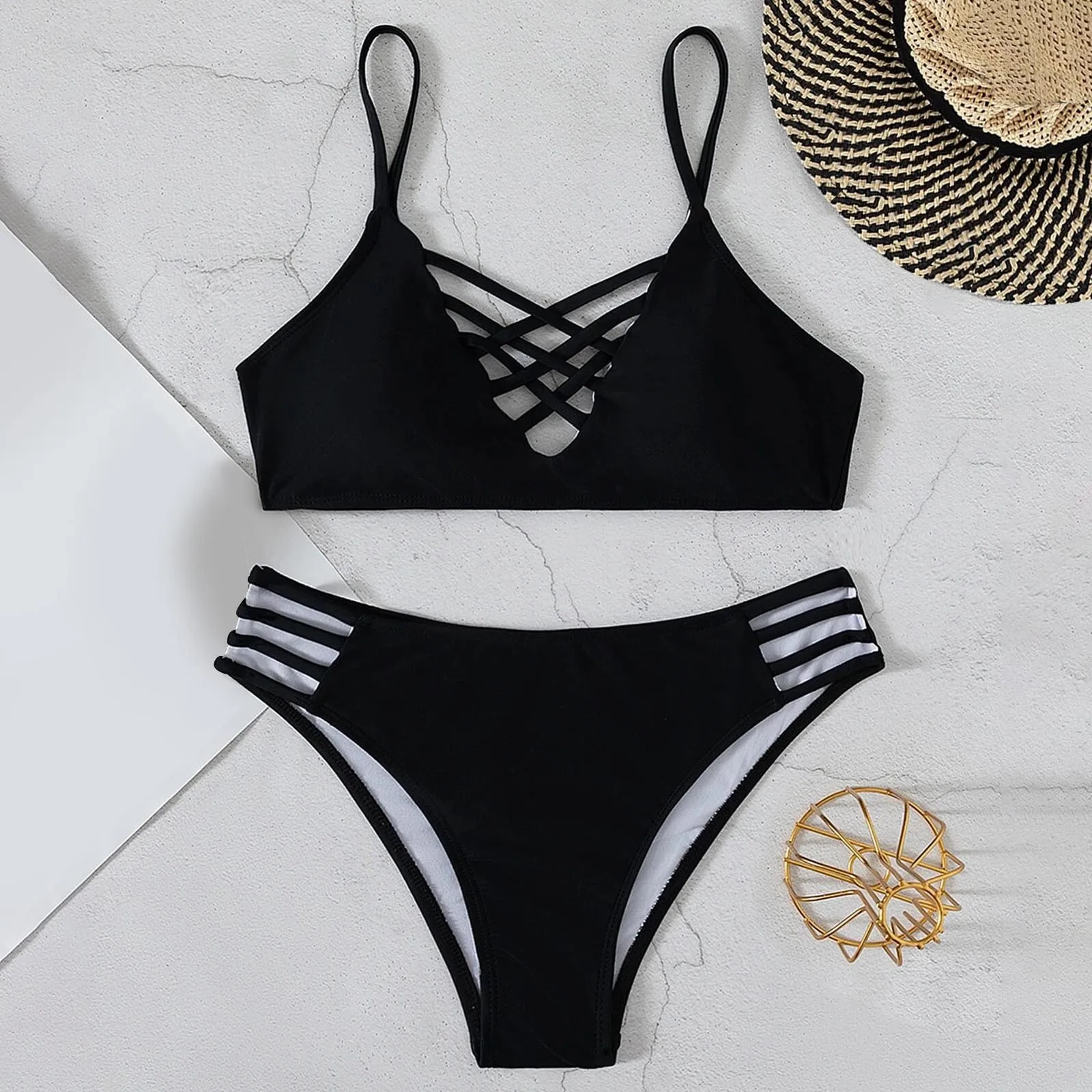 Black Cross Strap Sexy Bikini Set High Waist Thong Tankini Hollow Out Bandeau Swimsuit Cut Brazilian Bathing Suit |