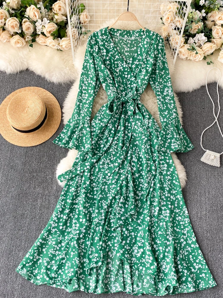 

Fall Women Chiffon Printed Dress Elegant Long Flare Sleeve Lace-up Bow Slim V-neck Irregular Ruffled Korean Maxi Dress