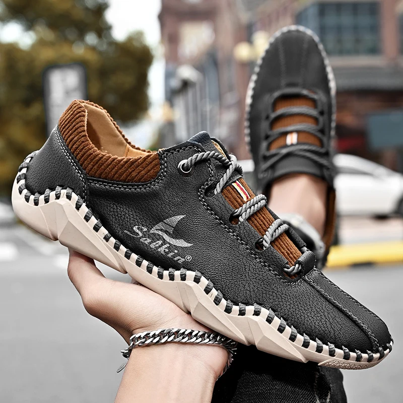 

Men Sneakers Handmade Breathable Mens Loafers Moccasins Men Casual Shoes Leather Fashion Lightweight Boat Shoes Plus Size 38-46