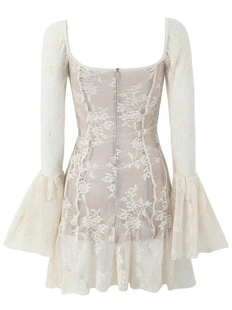 GypsyLady элегантное кружевное шикарное мини-платье бежевого цвета с длинными