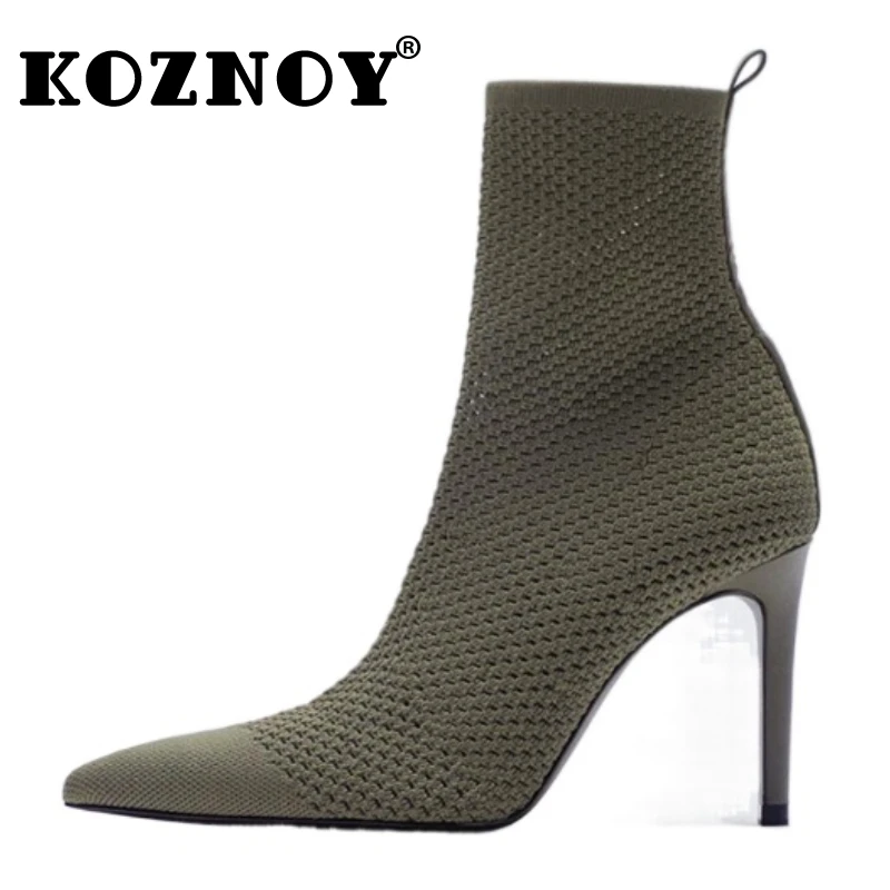 

Koznoy 9.5cm Knitted Weave British Autumn Stretch Fashion Sock Boots Elastic Spring Point Toe Woman Ankle Mid Calf Booties Shoes