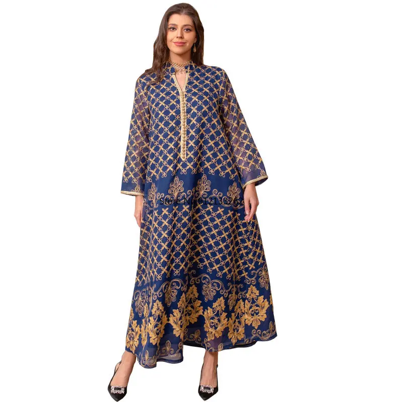 2023 Spring Summer Muslim Fashion Women Long Sleeve V-neck Polyester Embroidery Long Abaya Muslim Dress  Abayas for Women