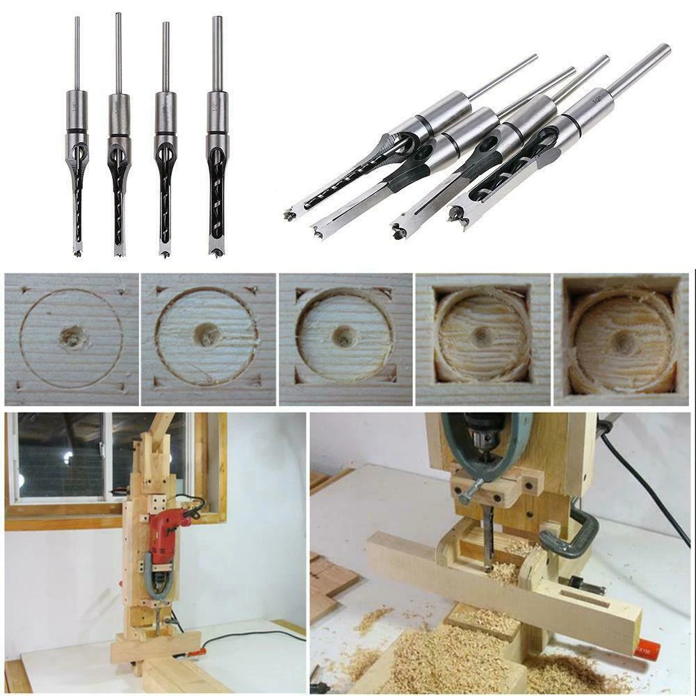 

4Pcs HSS Square Hole Auger Drill Bit Set Mortising Woodworking Saw Mortise Chisels DIY Furniture Woodworking Drill Tools