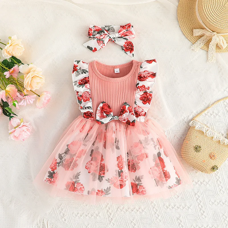 

Summer 2023 New Arrivals Girls Sleeveless O Neck Ruffles Bow Floral Pink Roupa Infantil Menina Cute Party Dress Custume 12M-5T