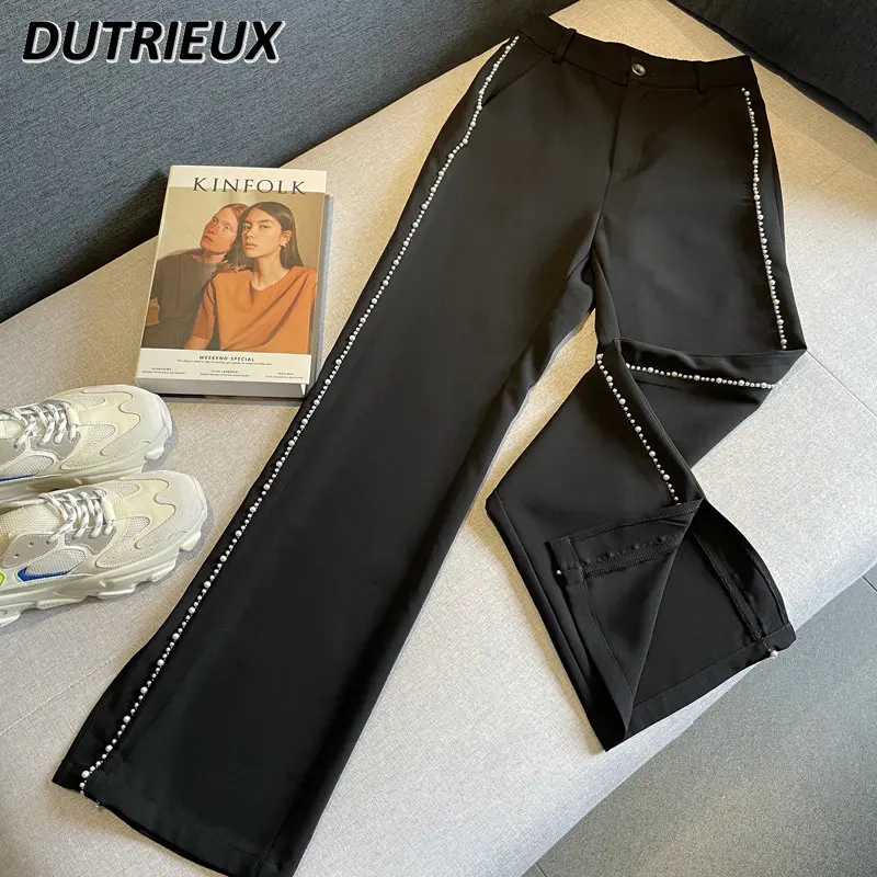 

Black Ice Silk Side Slit Wide-Leg Pants Women's Spring Autumn Thin Loose 2023 New Beaded Straight Mop High Waist Trousers
